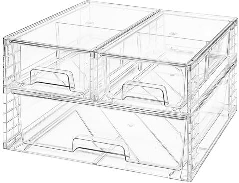 3 Pack Clear Makeup Organiser, Acrylic Small Stackable Storage Drawers, Plastic Storage Box For Vanity, Bathroom, Under Sink, Kitchen Cupboard, Pantry, Home Organization