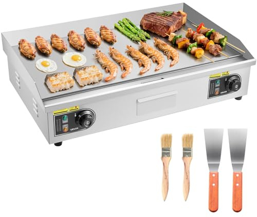 VEVOR Plancha Eléctrica Profesional 725x400 mm 4400 W, Termostato Ajustable de 50 a 300 °C, Placa con Protección contra Salpicaduras, Cuerpo de Acero Inoxidable, para Uso en Interiores y Exteriores