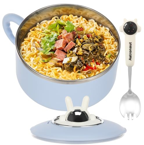 Alongen 1200ml Rapid Ramen Bowl with Filterable Lid,Stainless Steel Instant Noodle Pot with Lid and Spoon, Instant Serving Bowl Portable Salad Pasta Bow Easy Clean for Home Office University(Blue)