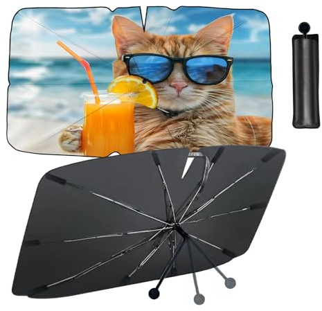 Parasol Coche Delantero, 140cm x 79cm Parasol Coche Paraguas Plegable para Auto Parabrisas Interior, Eje Giratorio de 360°, Protección UV, para la Mayoría de Coches, SUV, Camiones