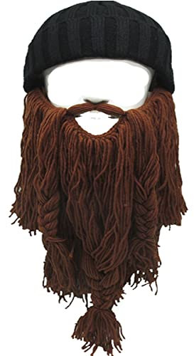 Metyou Erwachsene Wikinger Bart Beanie Horn Mütze Winter Warme Maske Hut Strickmütze Wolle Lustige Skull Cap, braun, Einheitsgröße