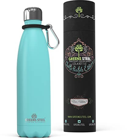 Greens Steel Stainless Steel Water Bottle - 500ml, Aqua Blue | Double Wall Vacuum Insulated Flask | Carier Holder & Gift Box Included | Reusable, Leak Proof Sports Bottle for Adults & Kids
