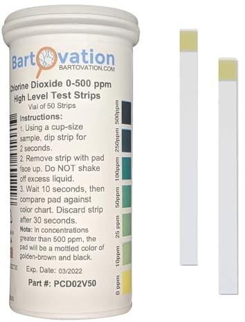 Bartovation Chlorine Dioxide Single Factor Test Strips, 0-500 ppm [Vial of 50 Strips]