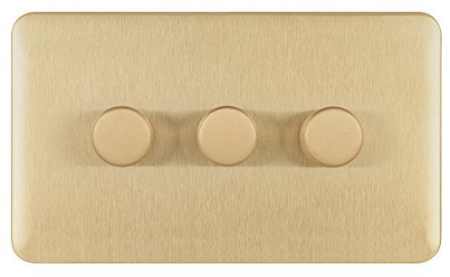 Schneider Electric Lisse Screwless Deco - 3 Gang Universal 2 Way Dimmer Light Switch, 250W/VA, GGBL6032CSBS, Satin Brass