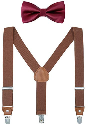 WELROG Kinder Hosenträger Fliege Sets - Y-Form Einstellbar Hosenträger mit Die Seide Fliegen Poison Idea für Jungen und Mädchen (Braun + Burgund Fliege)