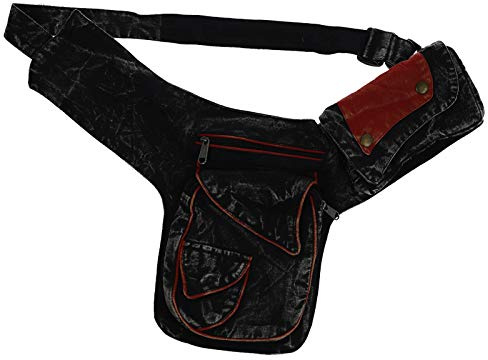Kunst und Magie Bauchtasche Sidebag Stonewashed Gürteltasche Festivaltasche Hippie Goa, Farbe:Schwarz/Rot