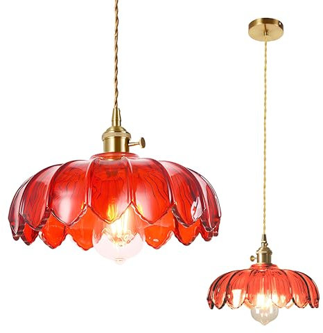 HJXDtech Suspension en Verre Lotus Abat-Jour, Industriel Vintage E27 Plafonnier en Laiton, Hauteur réglable Lampe Suspendue Design pour Cuisine, Salle à manger, Chambre (Rouge)