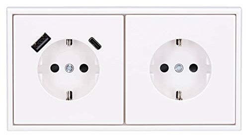 Jung SCHUKO USB-Steckdose Typ AC (3A) Komplett-Set Serie LS: 1x USB-Steckdose LS152015CAWW und 1x Steckdose LS1520KIWW und 2-fach Rahmen LS982WW Alpinweiß