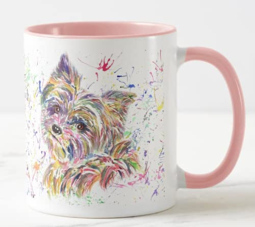 Vixar Yorkshire Terrier Yorkie Dog Pet Watercolour Rainbow Art Coloured Mug Cup Gift Birthday Work Office Christmas Tea Coffee (Pink)