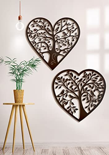 2-er Set MF Wanddeko ''HERZBAUM'' Metall Relief Lebensbaum mit Vögel in Herzform Wandschmuck 3D Bild Metalldeko Metall Metallbild Dekoration, 60 x 60 cm