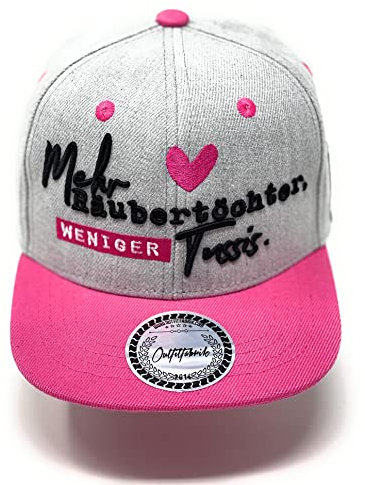 Outfitfabrik Kids/Kinder Snapback Cap Mehr Räubertöchter, weniger Tussis in grau mit rosa Schirm und 3D-Stick, verstellbar, One Size