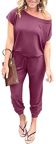 YUNDAI Womens Jumpsuits One Piece Casual Off Shoulder Playsuit Short Sleeve Overalls Elastic Waist Stretchy Romper with Pockets