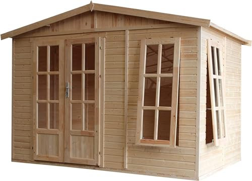 Gartenhaus Holz 6 m2 - H232 x 332 x 222 cm - Große multifunktionale Gartenhütte - Gerätehaus Holz Garten-Studio – Holzhaus Office im Garten - Rote bituminöse Schindeln - TIMBELA M334FB+H334FBRED