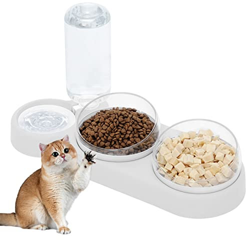 TUAKIMCE 3-In-1 Cat Bowl, Gravity Water and Double Food Bowls, Anti-spill Pet Food Feeding Bowl with Stand Tilted 15°, Automatic Water Dispenser Pet Bowls Set for Small Medium Dogs Cats (White)