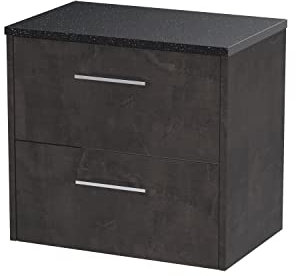 Hudson Reed JNU2624LSB Juno Modern Bathroom Wall Hung 2 Drawer Countertop Vanity & Laminate Worktop, 600mm, Matt Metallic Slate/Sparkle Black
