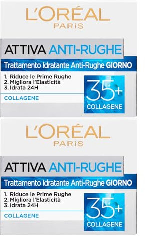 L'Oréal Paris Attiva Anti-Rughe Crema Giorno Trattamento Idratante Viso con Collagene Contro Prime Rughe 35+ Azione Elasticizzante Rassodante Illuminante sulla Pelle - 2 Barattoli da 50ml