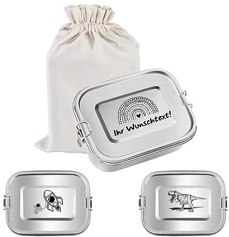 Personalisierte Edelstahl-Lunchbox und Frühstücksteller für Kinder mit Dinosaurier Regenbogen und Weltraummotiven (Personifizieren)