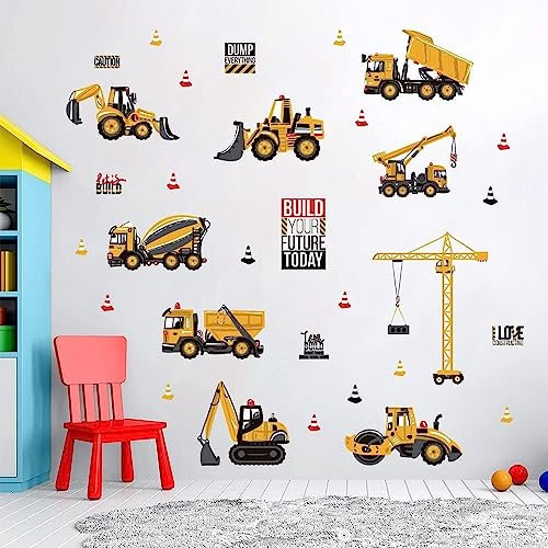 Tanlaby Wandaufkleber mit Baufahrzeugen, Wandaufkleber, LKW, Bagger, Wanddekoration, Vinyl, Wandbild, Kunst für Jungen, Kinder, Baby, Kinderzimmer, Schlafzimmer, Wohnzimmer, Spielzimmer
