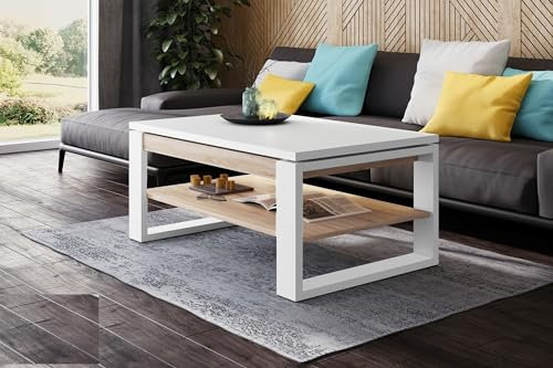 designimpex Design Couchtisch Multifunktion Arbeitstisch Tisch Nuo Ablage Esstisch, Farbe:Weiß matt/Sonoma Eiche