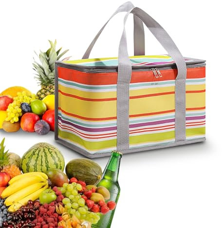 BAOWUABJ Large Lunch Bag, Insulated Lunch Bags Cooler Bag Thermal Lunch Tote Bags for Men Women 14 L Cool Bag Picnic Bag Waterproof Leak-Proof for Outdoor, Beach, Camping, BBQ, Travel(Yellow Stripe)