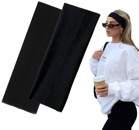 7cm Wide Black Headbands for Women Men, Yedtreg 2pack Fashion Head Bands for Women's Hair, Soft Fabric Stretchy Hair Bands for Makeup, Yoga, Running (2XBlack)