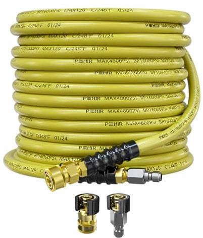 POHIR 50ft Pressure Washer Hose 3/8 4800 PSI, Power Washer Hose with 3/8 Quick Connect, Hot & Cold Water Hose Max 248°F, Commercial Industrial Grade Steel Wire Braided Kink Proof Extension Hose