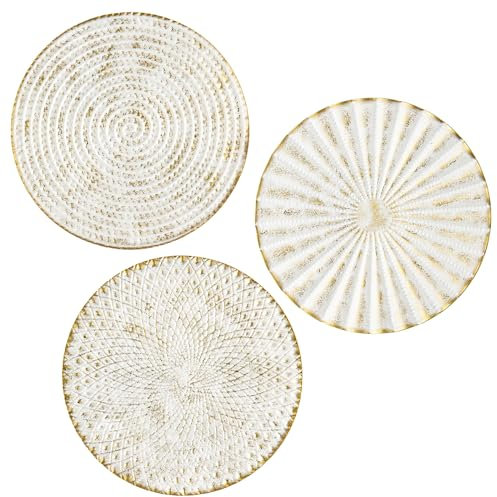 Hollyone 12 Wall Décor Pack of 3 Metal White Washed Starbursts Radial Plate Wall Art Modern Accent Hanging Wall Decorations for Home Office Bedroom Living Room Wall Sculptures