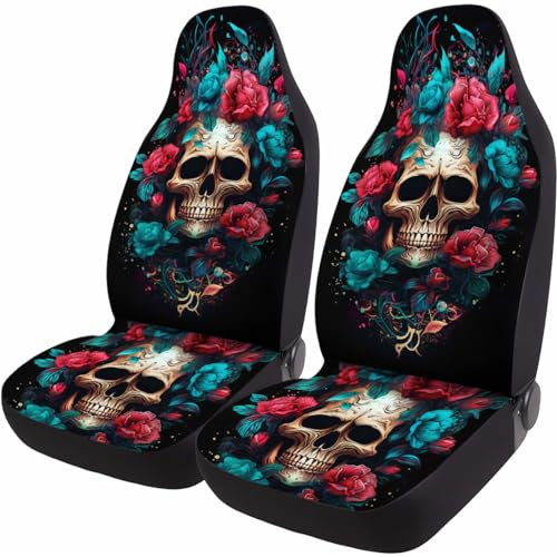 GENANY Skull Flowers Pattern Print 2 Front Car Seat Covers for Car Truck Sedan SUV, Durable Automotive Seat Covers, Breathable Bucket Seat Covers, Protective Interior Accessory