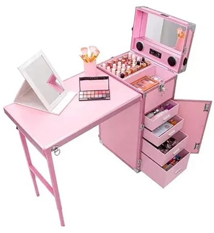 BOYITES Travel Rolling Manicure Table, Foldable Nail Desk for Manicure Shop, Professional Portable Nail Table for Technician, Folding Nail Salon Table, Modern Nail Cart Booth,Pink