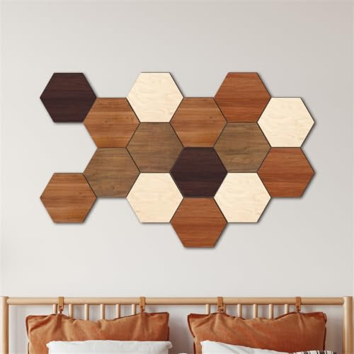 Lot de 15 autocollants muraux hexagonaux amovibles en bois - Différentes couleurs - Pour bureau, salon, chambre à coucher, cuisine, décoration murale