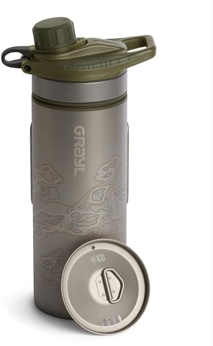 GRAYL GeoPress Titanium Bouteille purificateur d'eau avec couvercle de cuisson, filtre pour randonnée, camping, survie, voyage, 680 ml (Olive Drab)