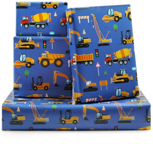 Geburtstags-Geschenkpapier, Konstruktionsdesign, 6 Bögen, Straßenunterbau, Bagger, Traktor, Muldenkipper, Geschenkpapier für Kinder und Jungen, flach gefaltet, 50,8 x 71,1 cm pro Blatt, für