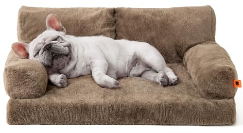 MEWOOFUN Orthopädisches Hundesofa, mittelgroß, wasserdicht, Anti-Angst-Plüschbezug für Welpen, 90 x 65 x 30 cm (Braun, L)