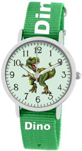 Brecjon Kinder Armbanduhr Jungen Jungenuhr Kids Dinosaurier T Rex Leucht Zifferblatt 5ATM Wasserdicht Textil Armband Dino Aufdruck 5201