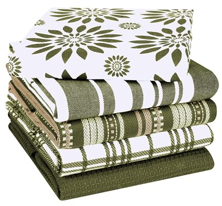 CottonCove Assorted Kitchen Towels Large 40x66 cm 100% Cotton Set of 5 - Soft Absorbent Washable Tea Towels for Kitchen - Dish Cloths with Hanging Loop - Quick Drying Dish Towel Green