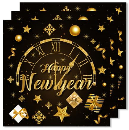 ParPix 20 Stück Happy New Year Servietten, 33x33cm Servietten Silvester, Silvester Tischdeko Papierservietten, Schwarz Gold Silvester Deko 2025 Servietten,Silvesterdeko Neujahr Party Papierservietten
