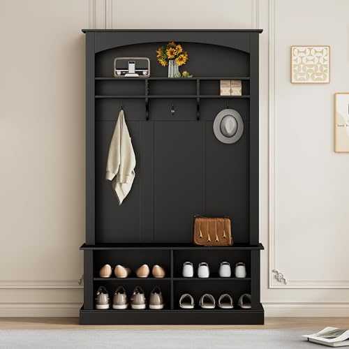 ModernLuxe Garderoben-Set mit Sitzbank,Wandgarderobe mit Schuhablage, Flurgarderobe mit 3 Kleiderhaken, Regale und verstellbare Einlegeböden, modernes Möbelstück für Flur, H190/L120/W40 cm Schwarz