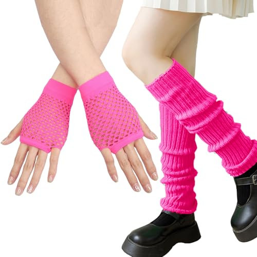 CWENDANER Elastische Neon Beinstulpen und Netzhandschuhe, Leg Warmers, 80er 90er Jahre Kostüm Zubehör, Cosplay Kostüm Zubehör Disco Party Karneval Zubehör