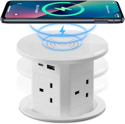 Pop Up Socket with 15W Wireless Charging - 4 AC Outlets, 1 USB Port, and 1 x 20W Type-C Port for Kitchen and Workspace, Overload Protection, Safe Power Solution [UK 13A / 110-250V / 3250W ] (White)