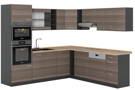 Vicco Eckküche R-Line, Küchenzeile in L-Form, Edelgrau/Anthrazit, 237 x 247 cm, AP Eiche