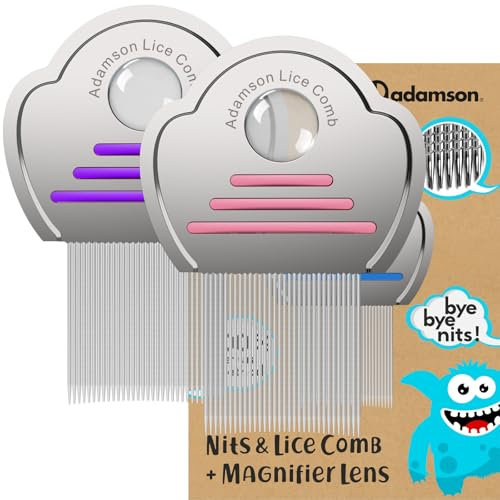 Adamson Peine Piojos y Liendres - Liendrera para Piojos Acero Inoxidable para Niños x2 - Peine Antipiojos Eficaz - Duradero y Fácil de Limpiar - Liendrera Piojos - Conjunto Rosa y Morado