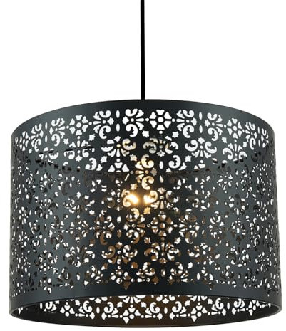Unique Moroccan Designed Matte Black Metal Circular Pendant Light Shade with Floral Decor | 30cm Diameter | Maximum 11watt LED Allowed by Happy Homewares