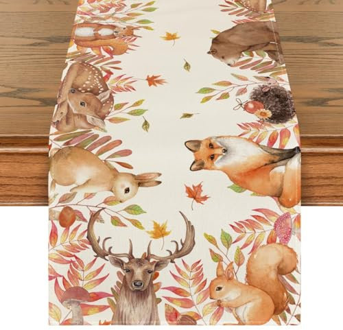Artoid Mode Chemin de table d'automne - Cerf sika - Écureuil - Oiseaux - Animaux et feuilles - Décoration saisonnière de table de cuisine en intérieur, décor de fête/vacances - 40 x 100 cm