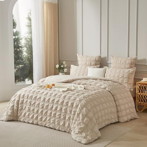 Luofanfei Seersucker Housse de Couette Beige 220x240 Unie a Carreaux Rayés Parure de Lit 2 Personnes Adulte Linge de Lit en Microfibre Uni Parure Housse Couette zippée avec 2 Taies d'oreiller 65x65