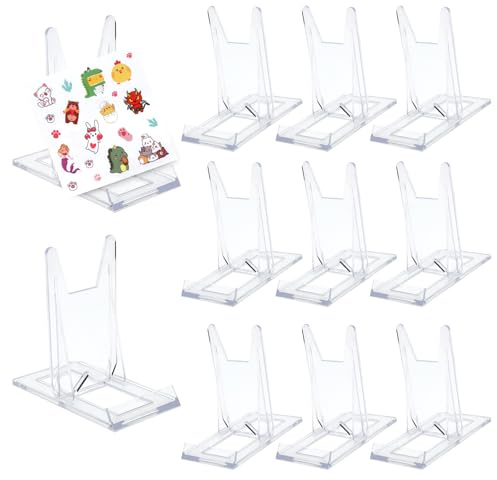 10 Stück Acryl Aufsteller mit 1 Aufklebern, Transparenter Display Ständer | Tellerständer Acryl, Bilderständer Verstellbarer Postkartenständer Tellerhalter Ständer für Karten Buchaufsteller Fotos