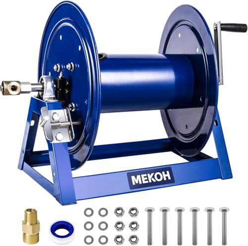 MEKOH Pressure Washer Hose Reel 3/8x350ft, Hand Crank Power Washer Hose Reel 1/4x455ft, 5000PSI, Heavy Duty Steel Hose Reel with Trailer/Wall Mount, A-Frame Manual Reel for Water - Requires Assembly