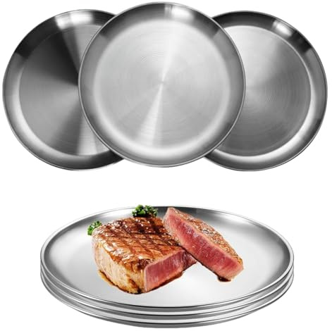 NUWIQ Edelstahl Teller, 6 Stück Edelstahl Platten, Φ 20cm Barbecue Dish,Rund Geschirr, Kuchenform, Camping Teller, für Picknick, Wandern, Küche, Party