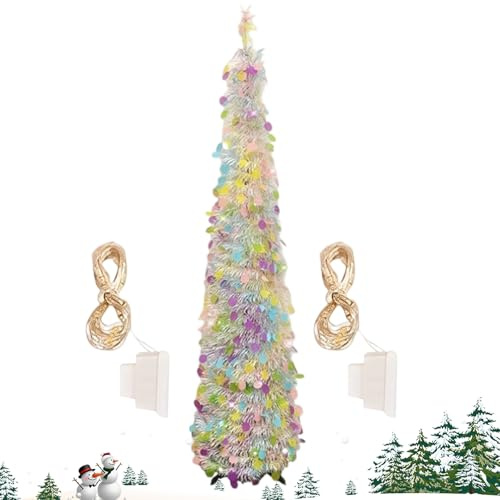 Sapin de Noël artificiel – 150 cm en PVC PET pailleté, lumières LED colorées, branches réalistes, base en fer, décoration de vacances festive | Faux arbre réaliste pour porche, intérieur et extérieur