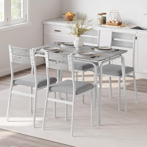 Thaookte Esstisch Mit 4 Esszimmerstühlen, Esszimmermöbel-Set, Essgruppe, Für Wohnzimmer, Küche Und Esszimmer, Metallrahmen, Einfache Montage, Kleine Räume, Grau + Weiß
