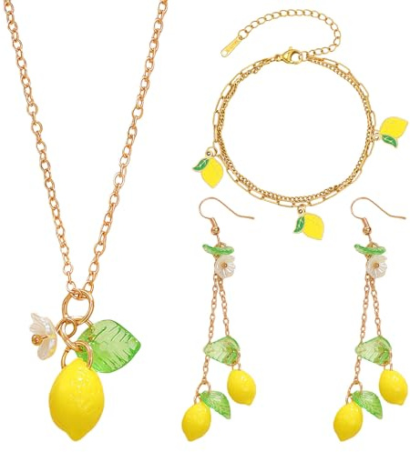 Fröhliches Zitronen Kostüm Schmuckset, Goldfarbene Zitrone Accessoires für Damen und Mädchen, Halskette, Armband und Schmuck, Perfektes Lemo Sommer Schmuckset, Geschenkidee